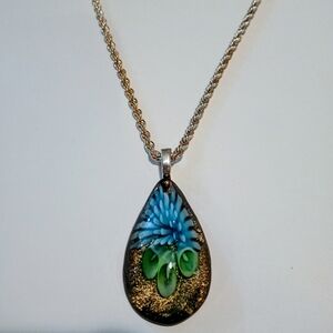 VTG Lampwork Teardrop Leaf Art Glass "Aquatic Plant/Flower Burst" Glass Pendant
